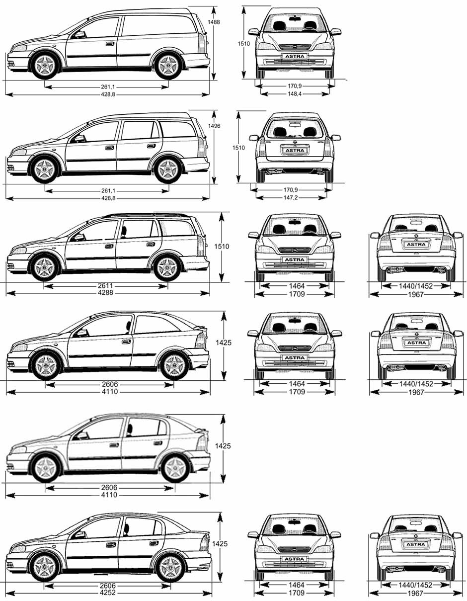 Размеры кузовов различных компоновок Opel Astra