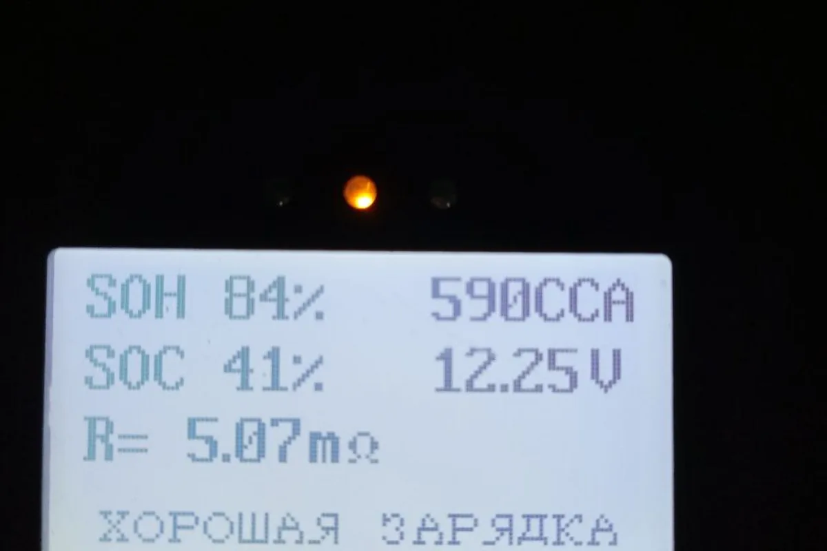 Экран тестера аккумулятора: здоровье 84 %, заряд 41 % при 12,25 В