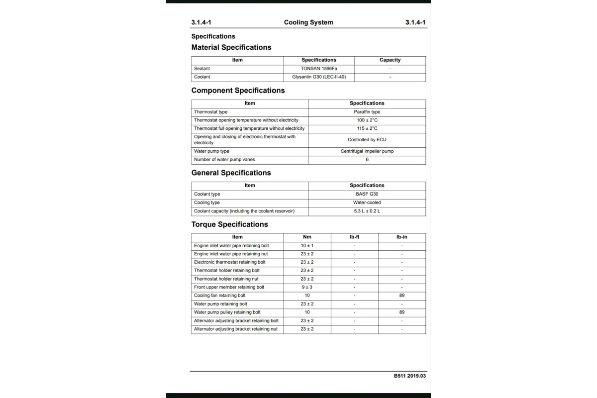 Страница сервисного руководства Changan Alsvin: система охлаждения, Glysantin G30 (LEC-II-40), объём 5,3 л