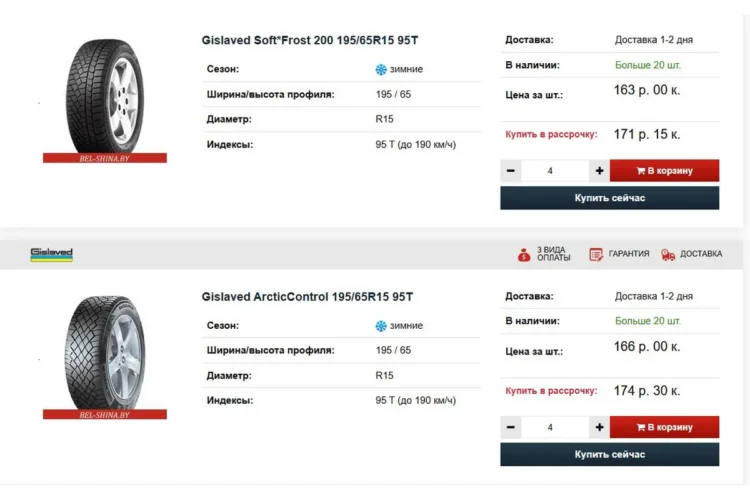 Карточки зимних шин 195/65 R15 в интернет-магазине