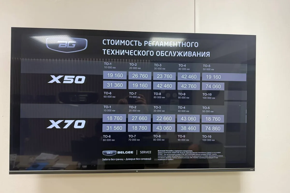 Табло дилера со стоимостью регламентного ТО Belgee X50 и X70