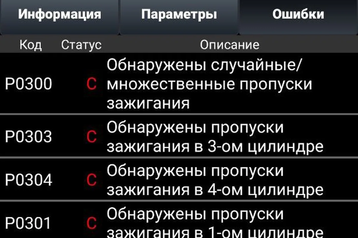 Приложение OpenDiag с ошибками пропусков зажигания P0300–P0304