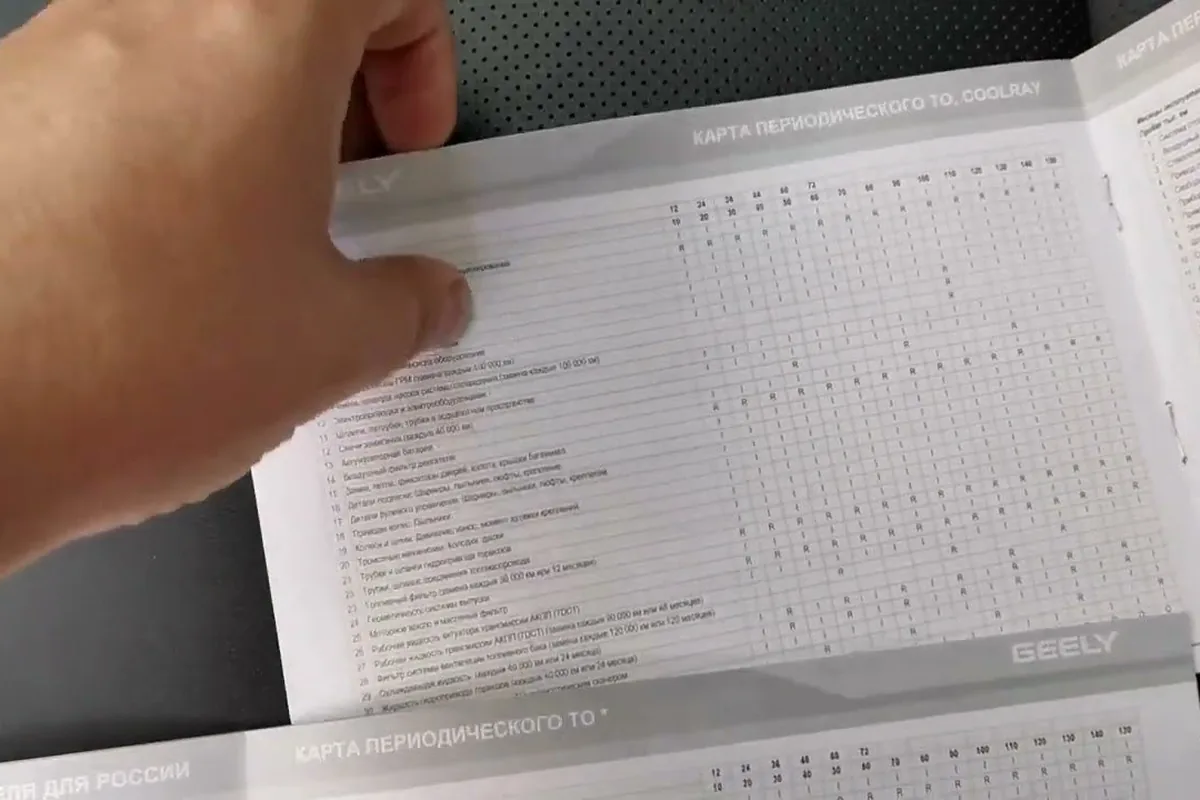 Карта периодического технического обслуживания в сервисной книжке Geely