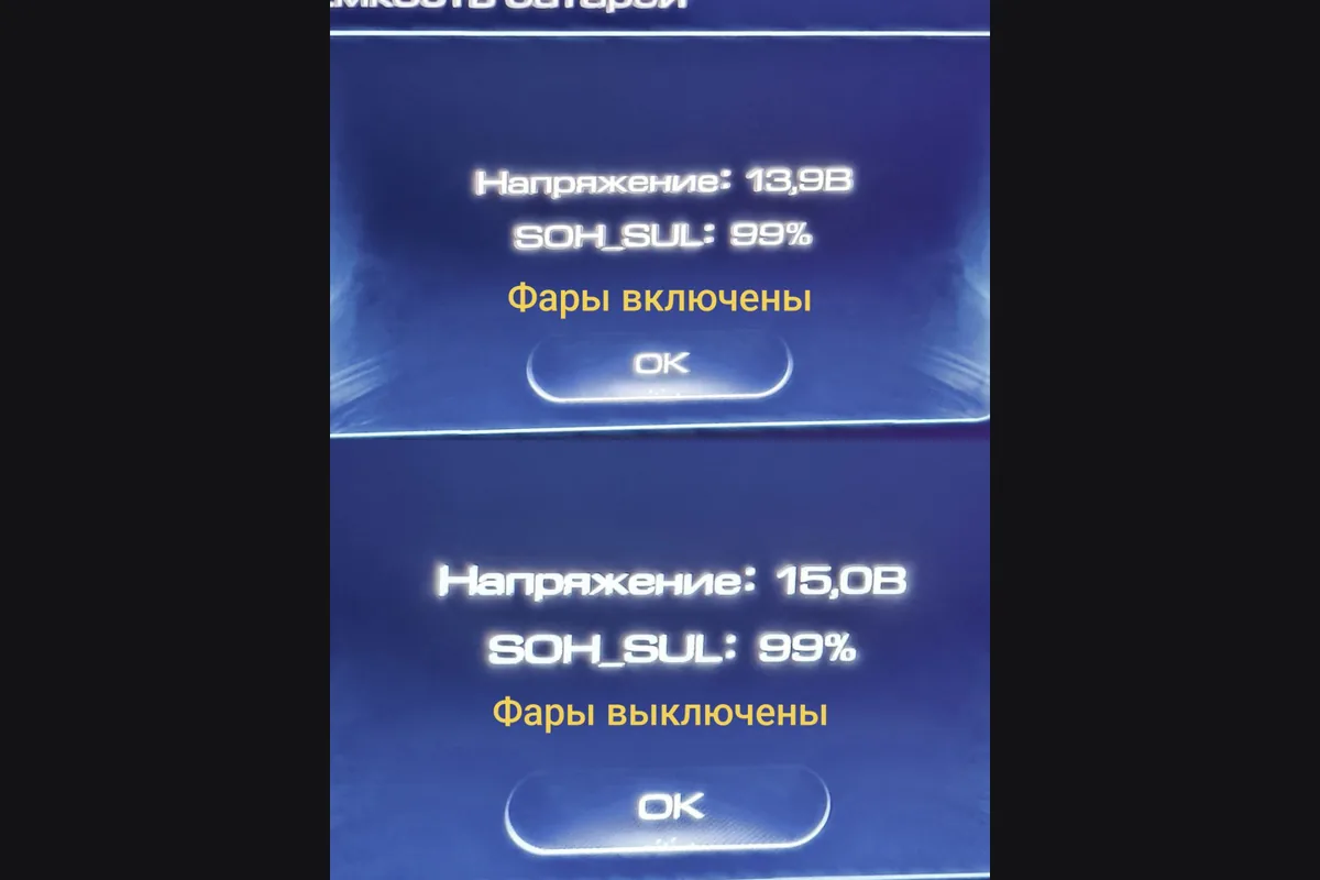 Экран диагностики: напряжение 13,9 В с фарами и 15,0 В без них