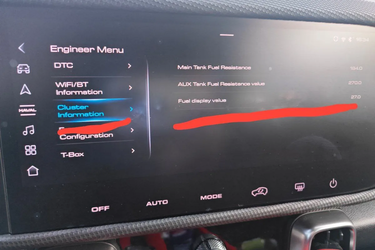 Инженерное меню Haval Dargo с разделами DTC, WiFi/BT, Cluster Information, T-Box