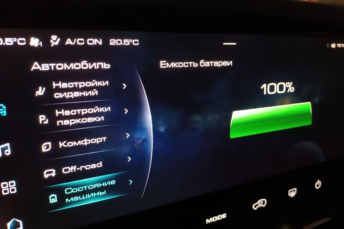 Экран Haval Dargo с зарядом аккумулятора 100 процентов после зарядки