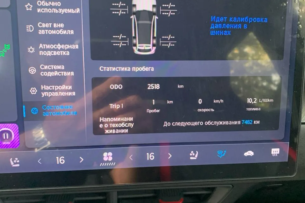 Экран давления в шинах Jetour Dashing и остаток до следующего ТО