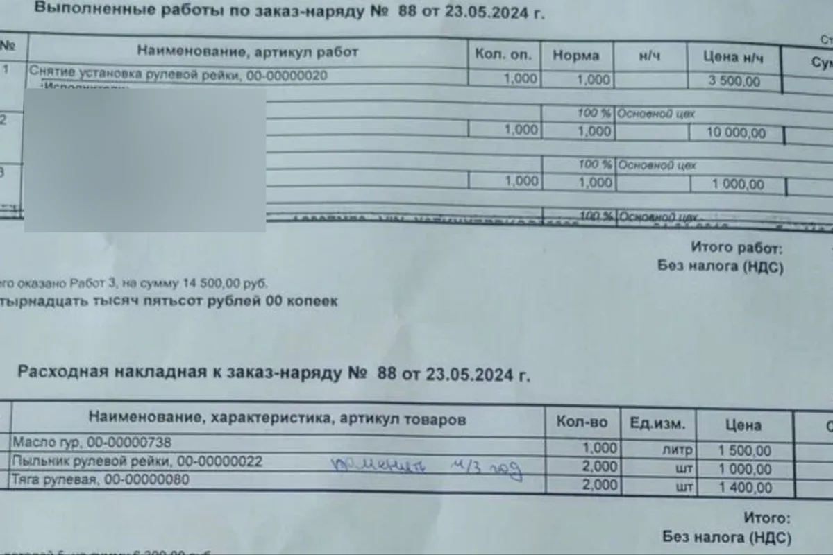 Заказ-наряд на ремонт рулевой рейки Форд Фокус