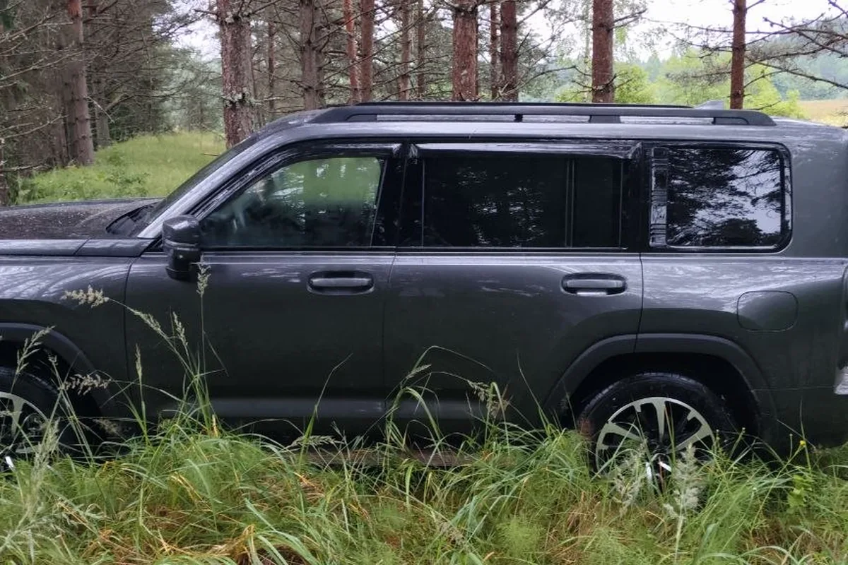 Haval H9 в высокой траве на лесной дороге
