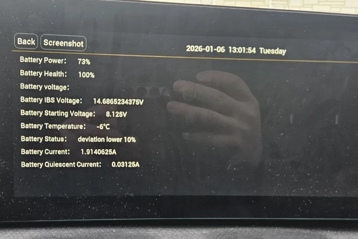 Служебный экран Jaecoo J8 с параметрами аккумулятора