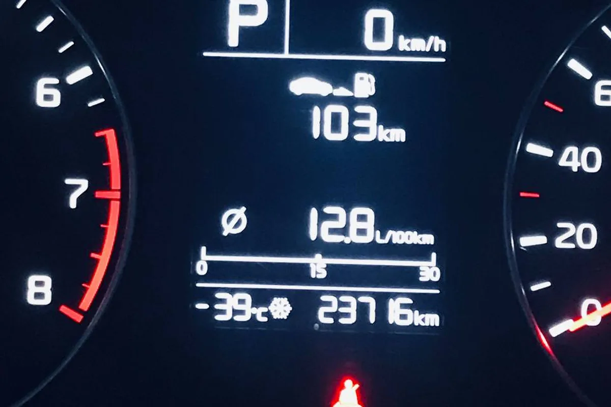 Средний расход 12,8 л на приборке Kia Rio 4 в мороз −39