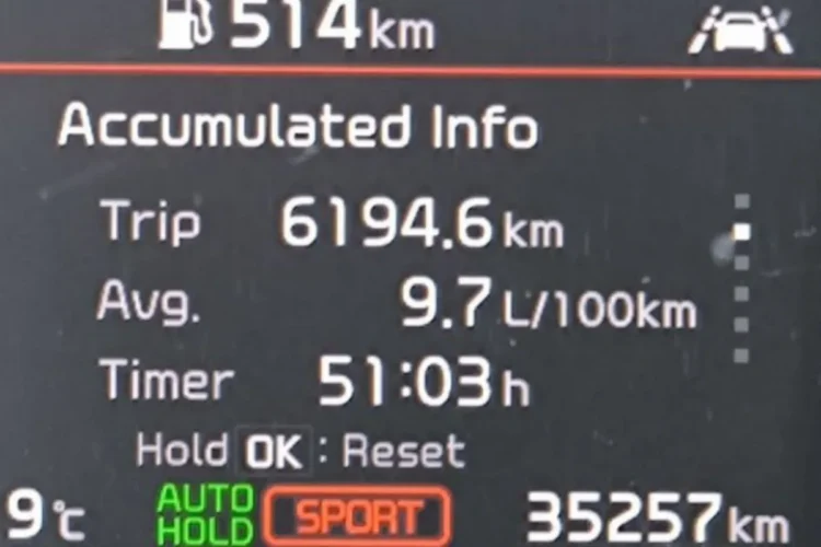 Экран Accumulated Info на приборке Kia Sportage 4 с расходом 9,7