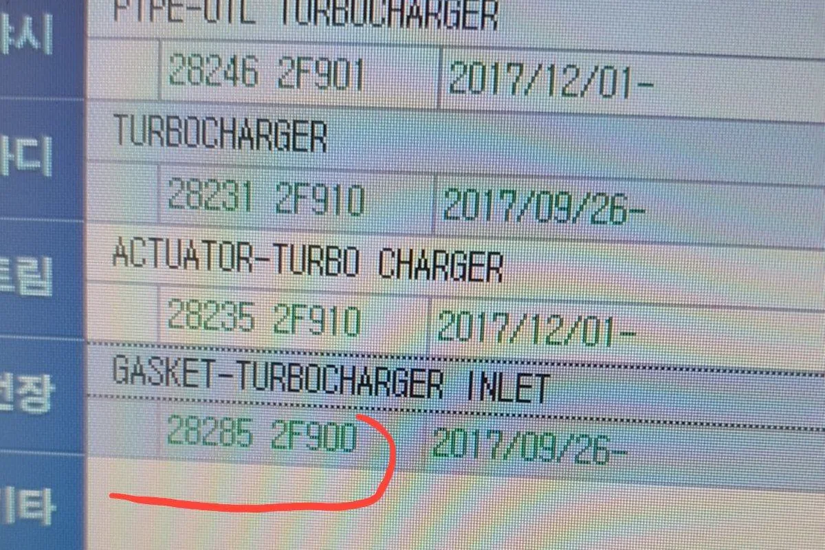 Номера деталей турбины D4HA в каталоге Kia