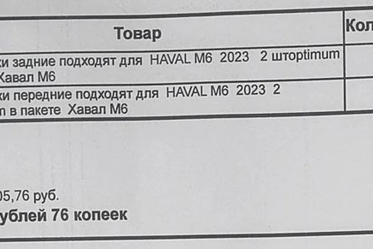 Чек на брызговики Haval M6 с артикулами и ценами