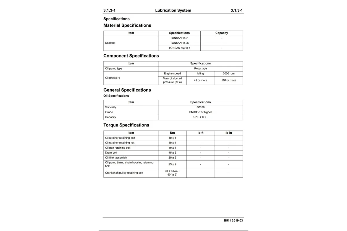 Страница руководства «Lubrication System»: вязкость 0W-20, SN/GF-5 или выше, объём 3,7 л