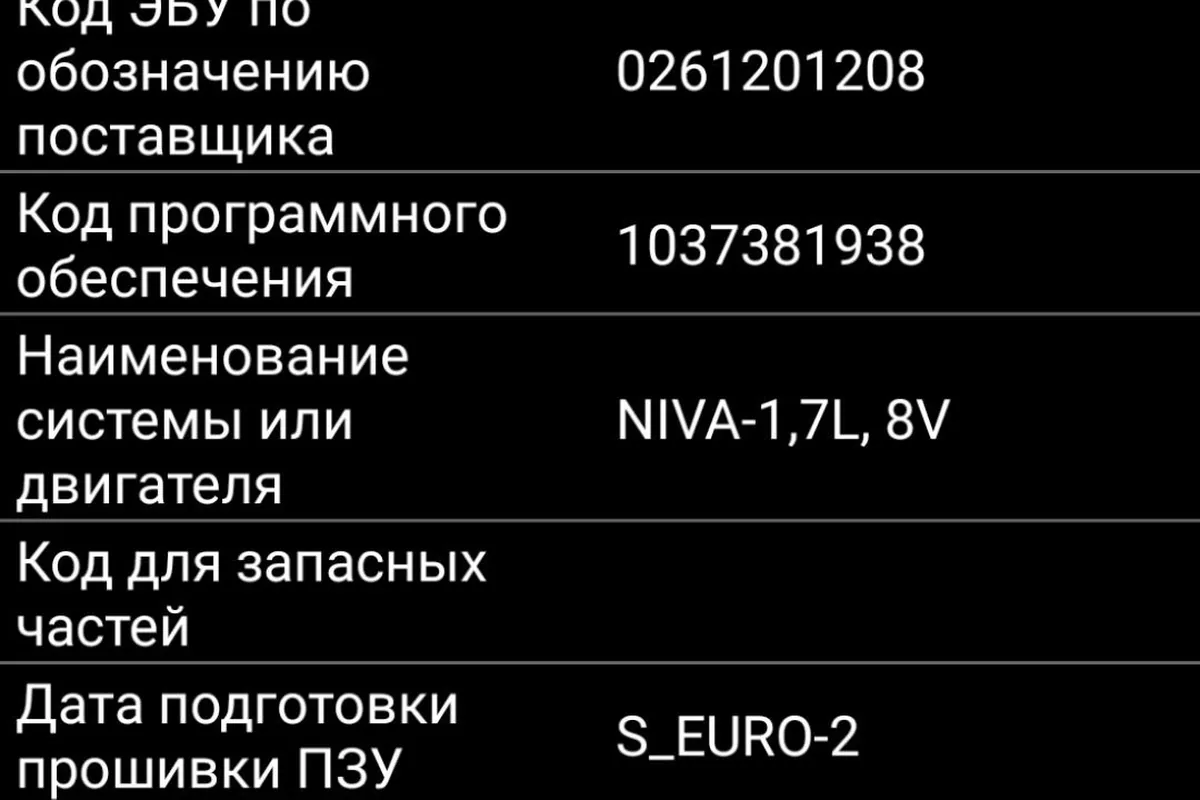 Экран сканера с паспортом ЭБУ: номер 21214-1411020-20, прошивка B114ER18, NIVA-1,7L, 8V