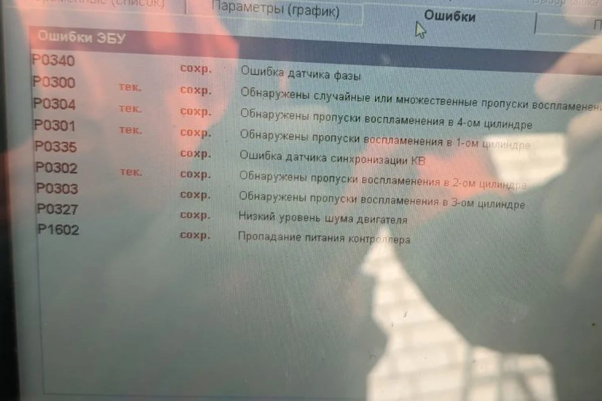 Экран диагностической программы с кодами P0300–P0304, P0340 и P0335