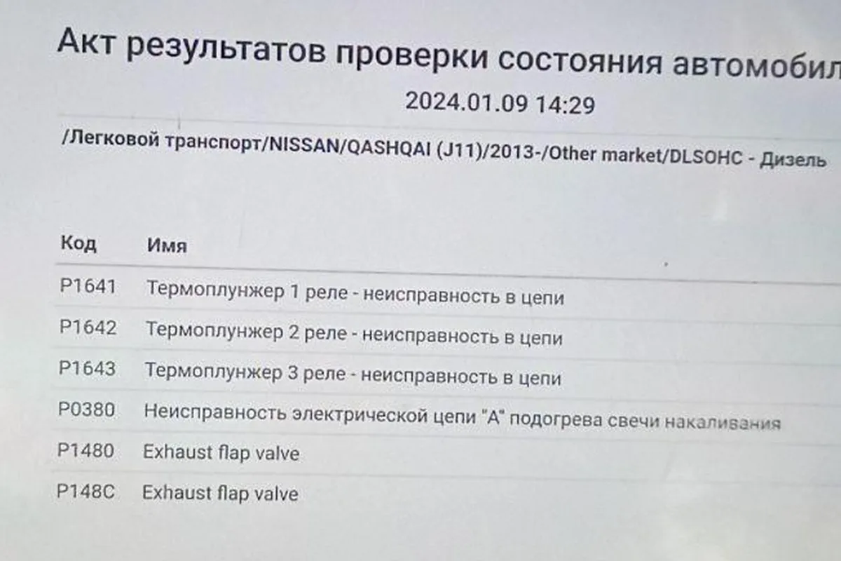 Отчёт сканера Autel с ошибками дизельного Nissan Qashqai J11