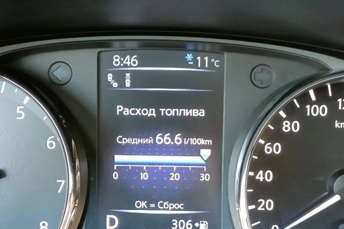 Средний расход 66,6 л/100 км на бортовом компьютере Nissan Qashqai J11