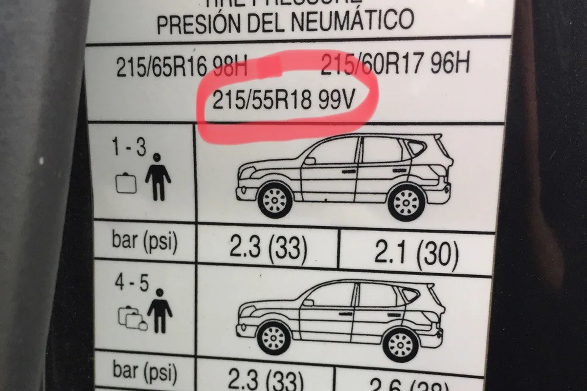 Табличка давления в шинах Nissan Qashqai с размерами 215/65R16, 215/60R17 и 215/55R18