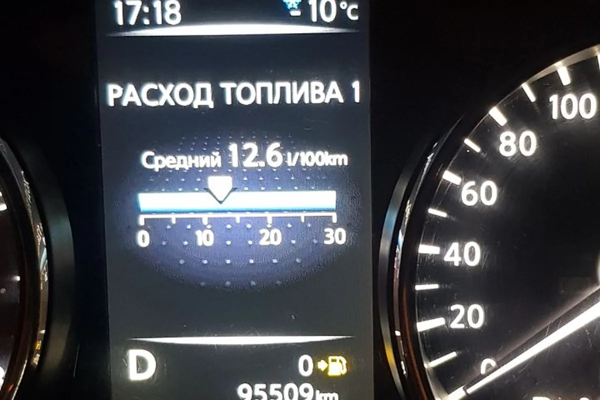 Средний расход 12,6 л на экране приборки Nissan Qashqai J11 зимой