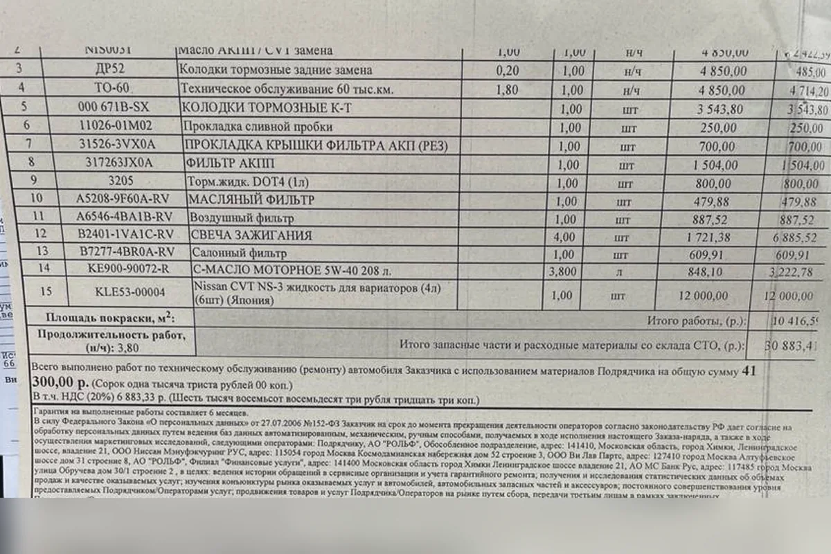 Заказ-наряд дилера на ТО-60 Nissan Qashqai с заменой жидкости вариатора