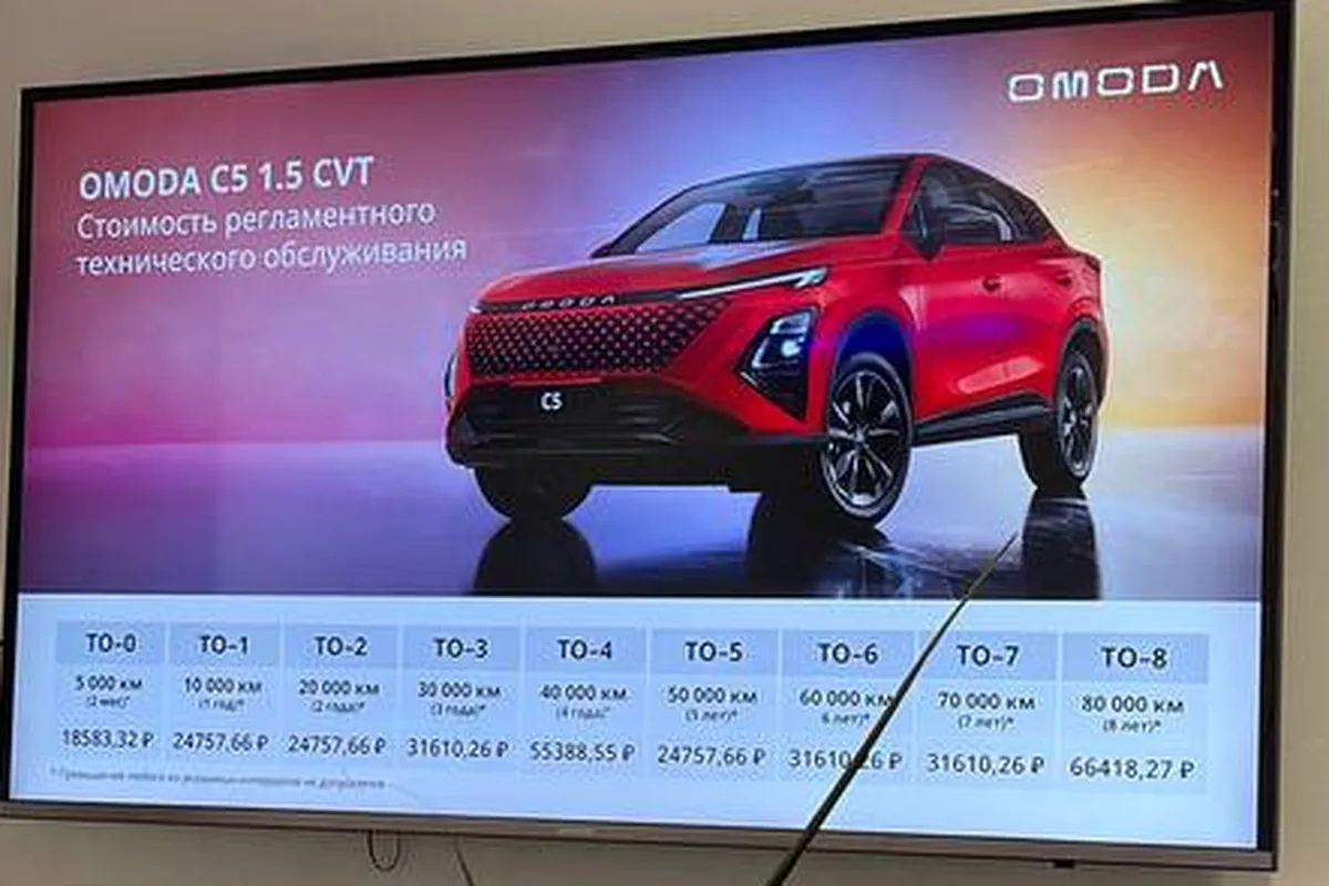 Табло в сервисной зоне дилера Omoda с ценами регламентного ТО C5 1.5 CVT