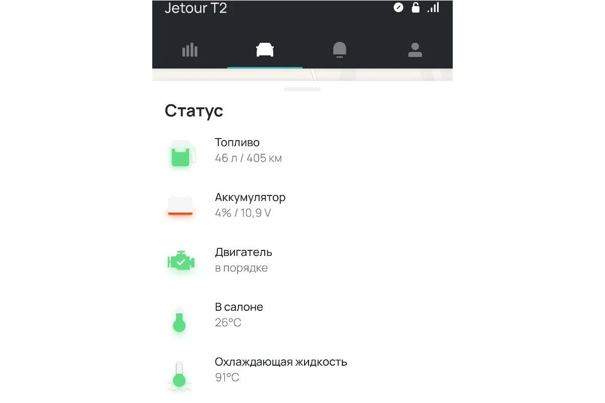 Экран приложения Jetour T2 с зарядом аккумулятора 4 процента и напряжением 10,9 В