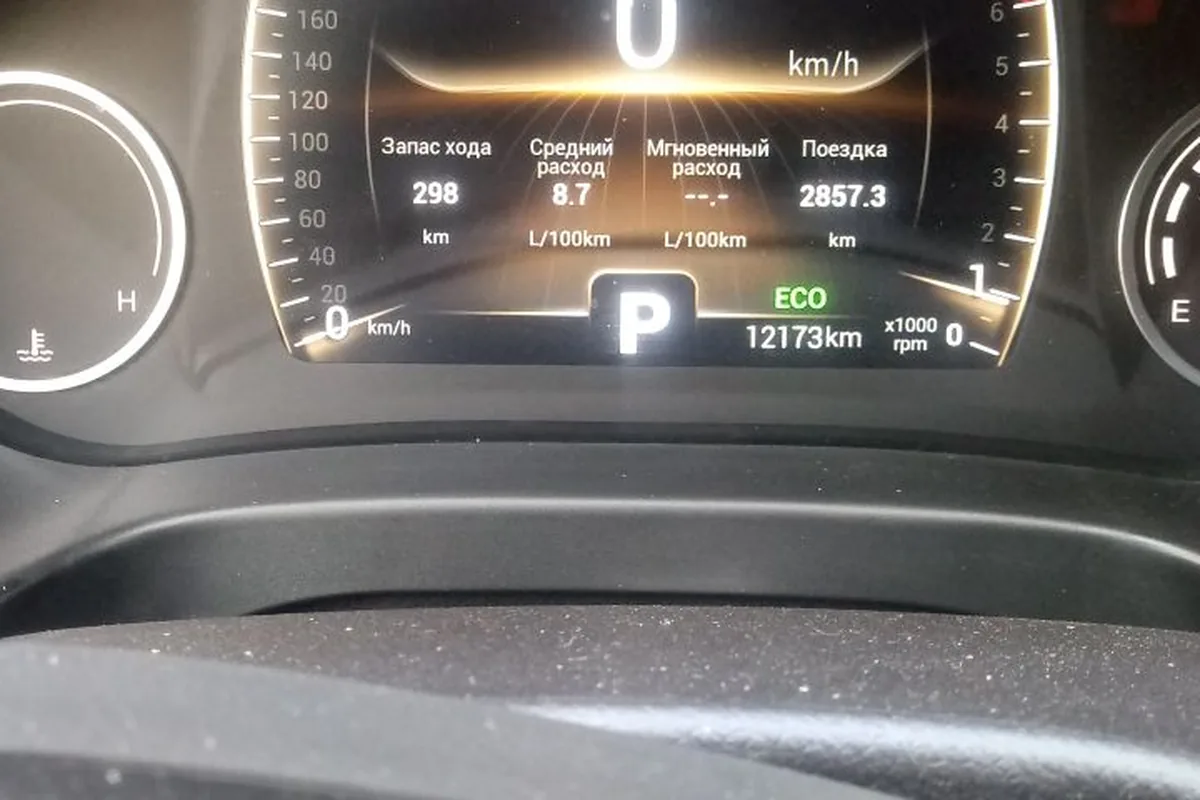 Приборная панель Chery Tiggo 4 Techno 2.0 в режиме ECO с запасом хода и средним расходом