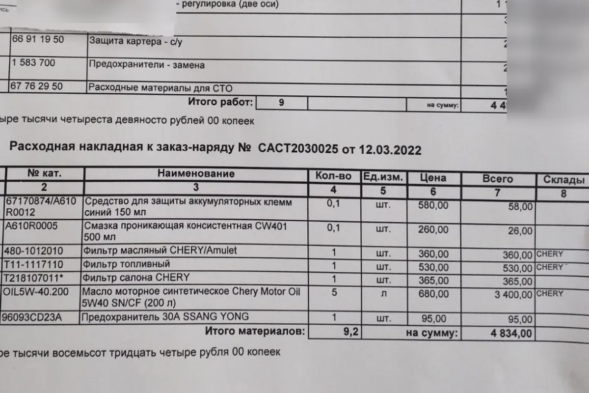 Расходная накладная к заказ-наряду Chery с артикулами и ценами