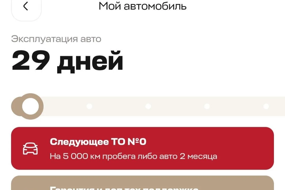 Экран приложения: следующее ТО и срок гарантии