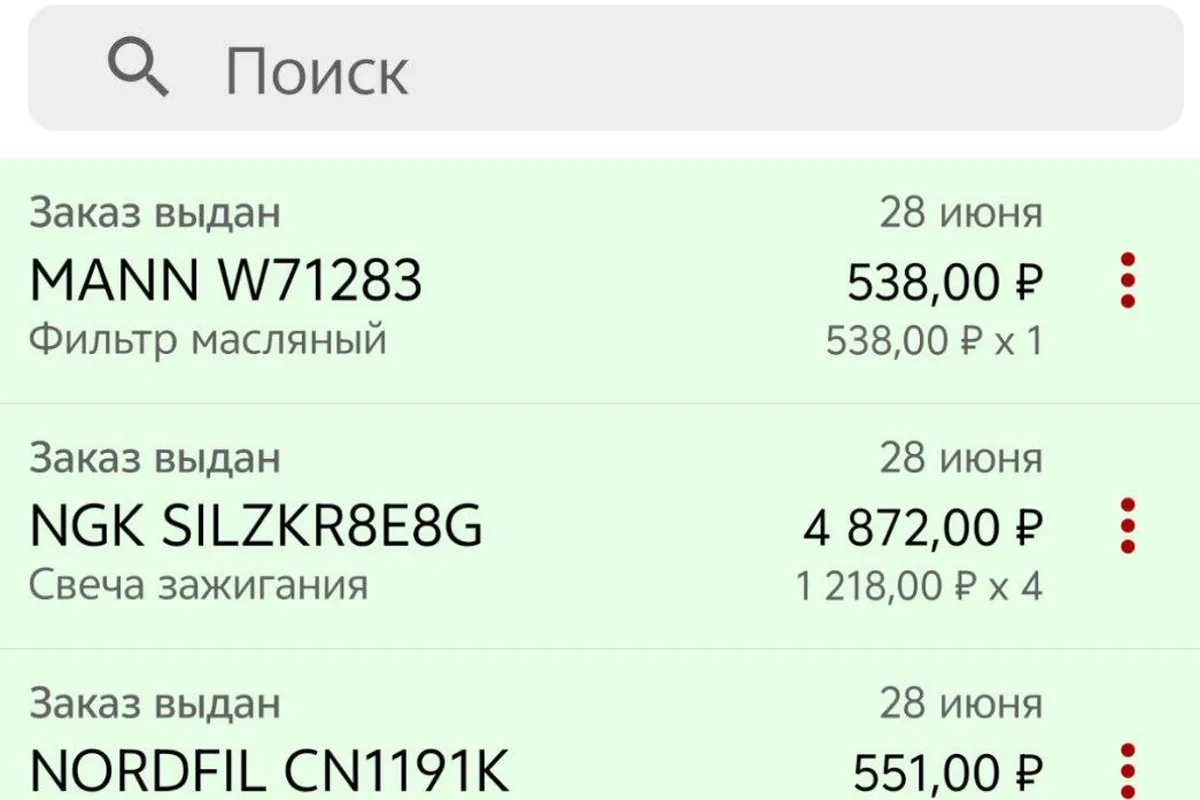 Список заказанных запчастей с ценами: масляный фильтр Mann, свечи NGK, салонный и воздушный фильтры