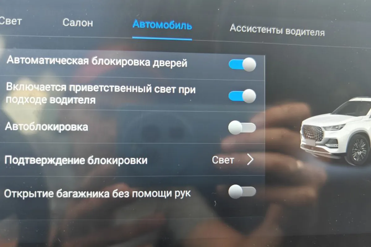 Меню настроек автомобиля с параметрами блокировки дверей Chery Tiggo 8