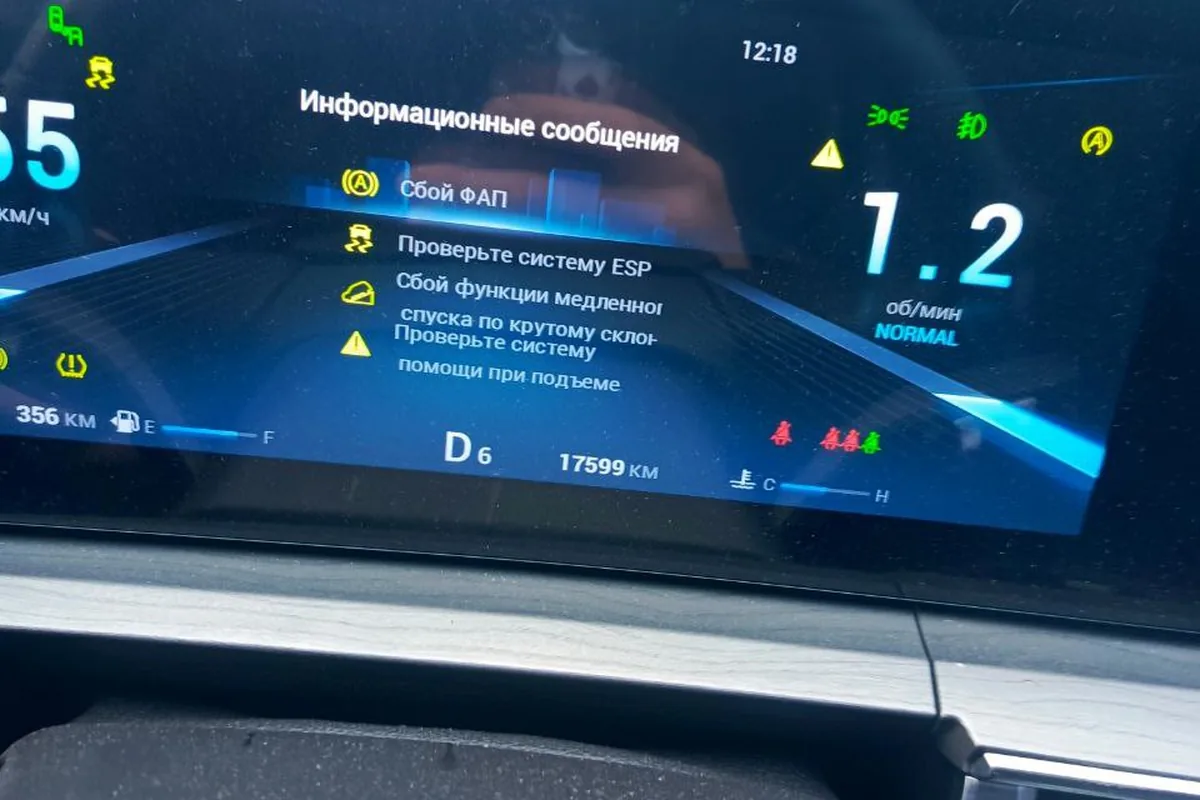 Приборная панель Chery Tiggo 8 Pro Max с информационными сообщениями о сбое ФАПС и ESP