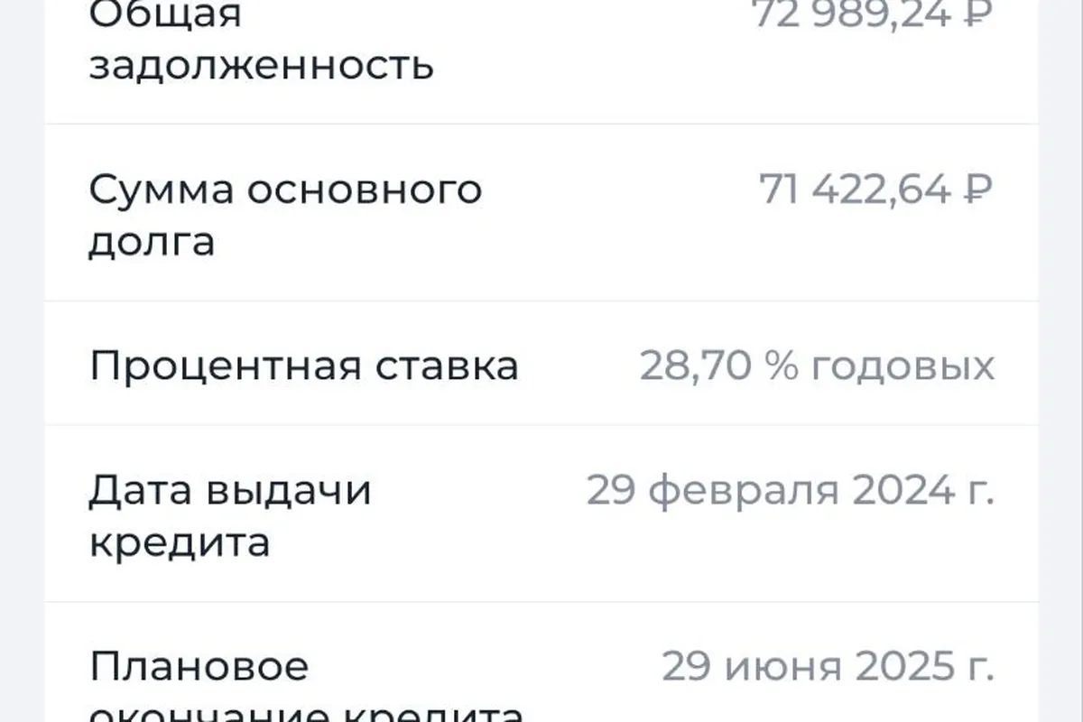 Экран банковского приложения с параметрами автокредита на покупку автомобиля