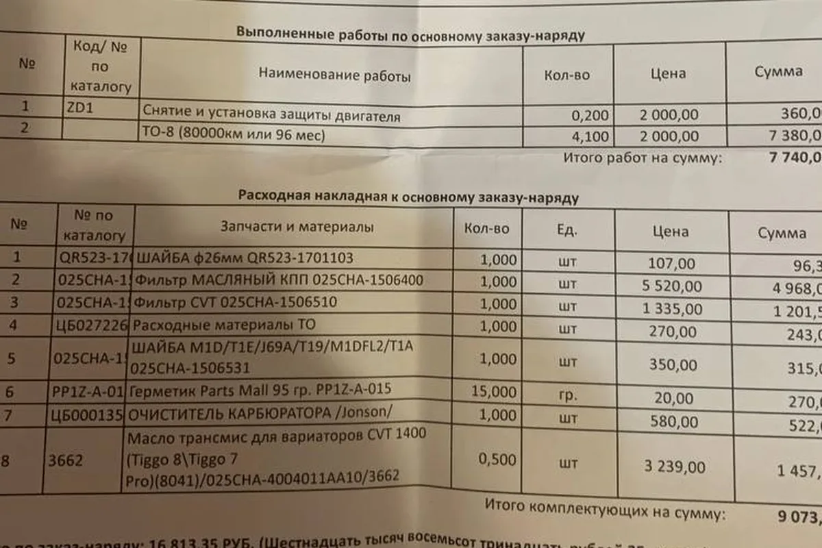 Таблицы выполненных работ и расходной накладной из заказ-наряда дилера Chery