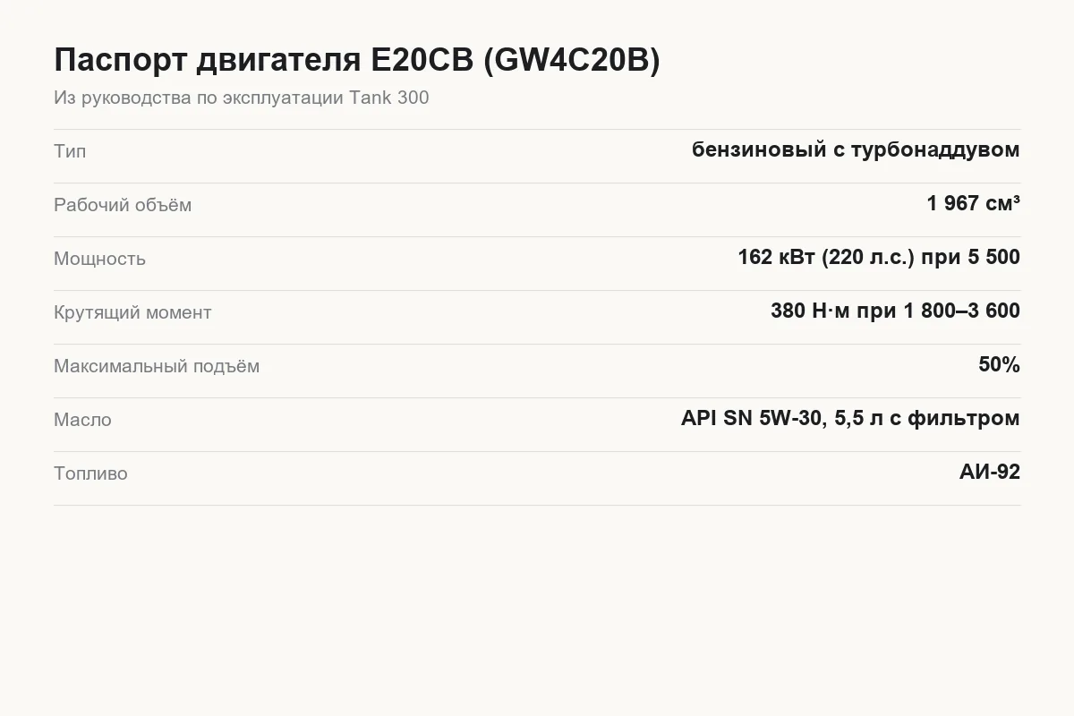 Паспортные параметры двигателя Tank 300 E20CB из руководства по эксплуатации