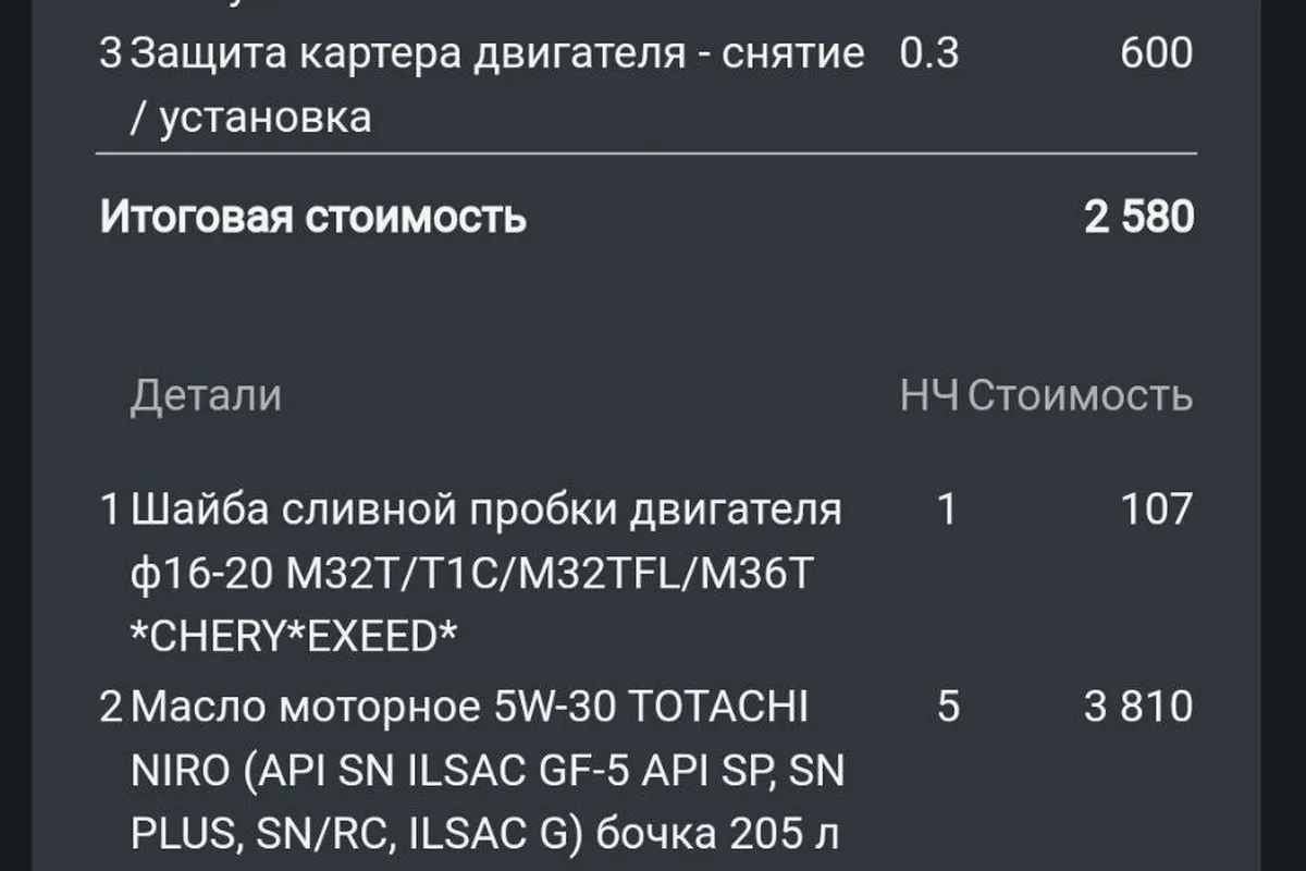 Заказ-наряд с перечнем выполненных работ