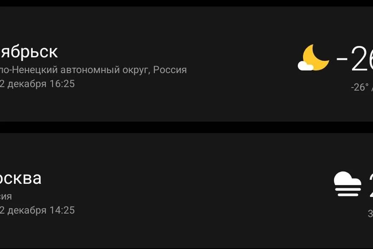 Разница температур между регионами на экране телефона