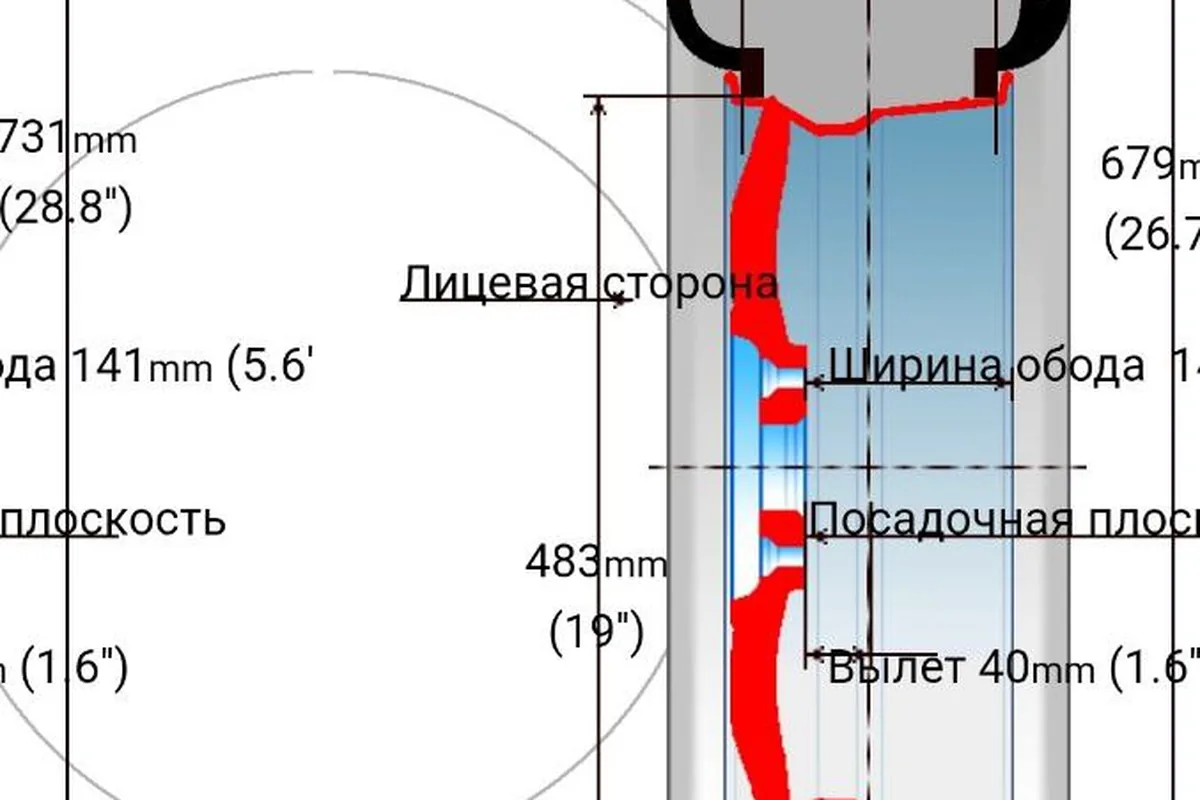 Схема геометрии колеса с шириной обода, вылетом и посадочным диаметром