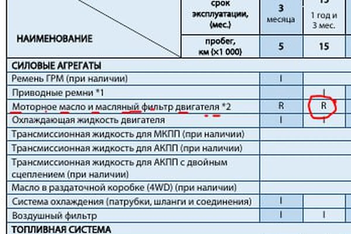 Страница сервисной книжки Changan с межсервисными интервалами ТО-0 и ТО-1