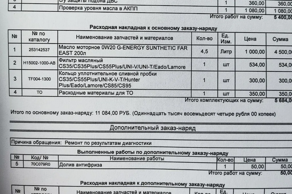 Заказ-наряд на ТО Changan UNI-S с отдельной строкой за снятие защиты