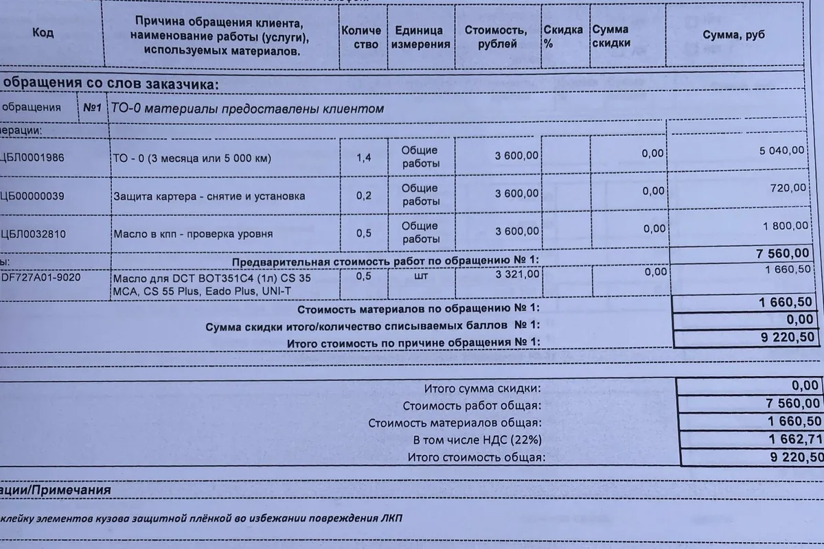 Заказ-наряд ТО-0 Changan UNI-S с материалами владельца