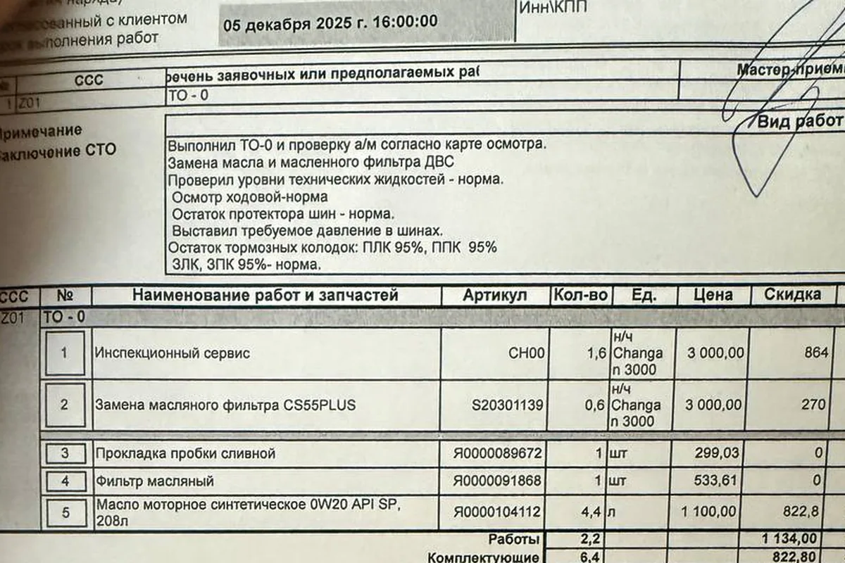 Заключение СТО в заказ-наряде после ТО-0 Changan UNI-S