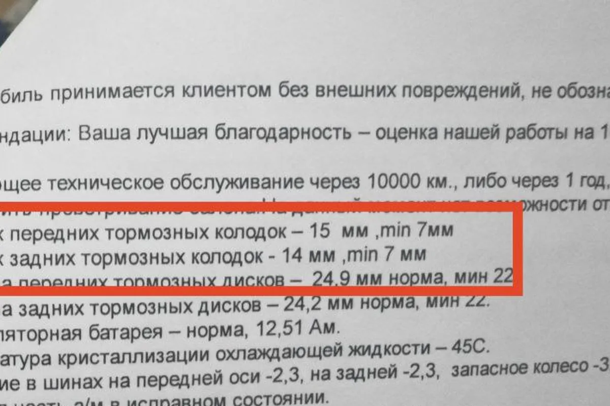 Диагностический лист дилера с результатами осмотра ходовой Changan UNI-S