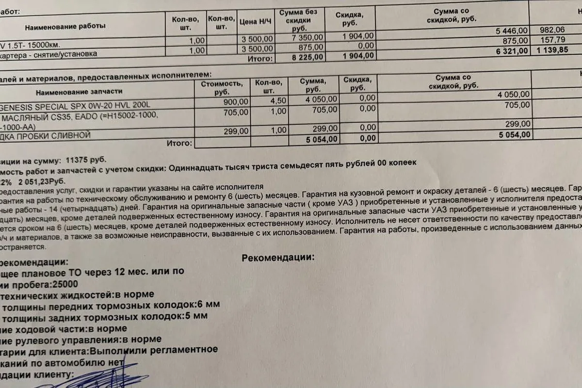 Заказ-наряд на гарантийный ремонт Changan UNI-V