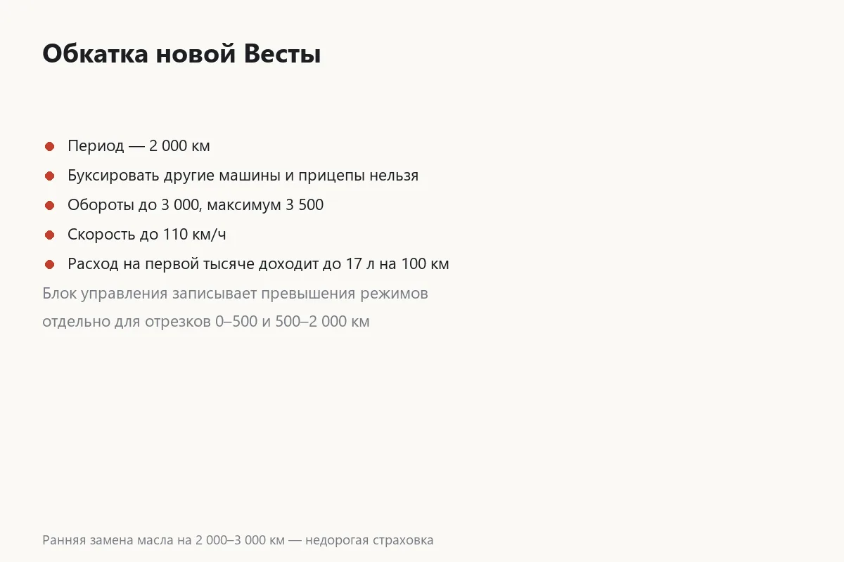 Карточка правил обкатки новой Лады Весты