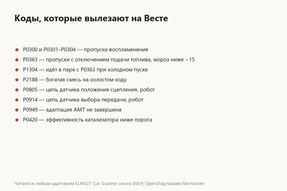 Карточка кодов ошибок, которые вылезают на Весте