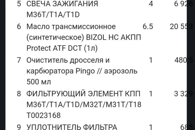 Счёт на ТО-60 с перечнем деталей