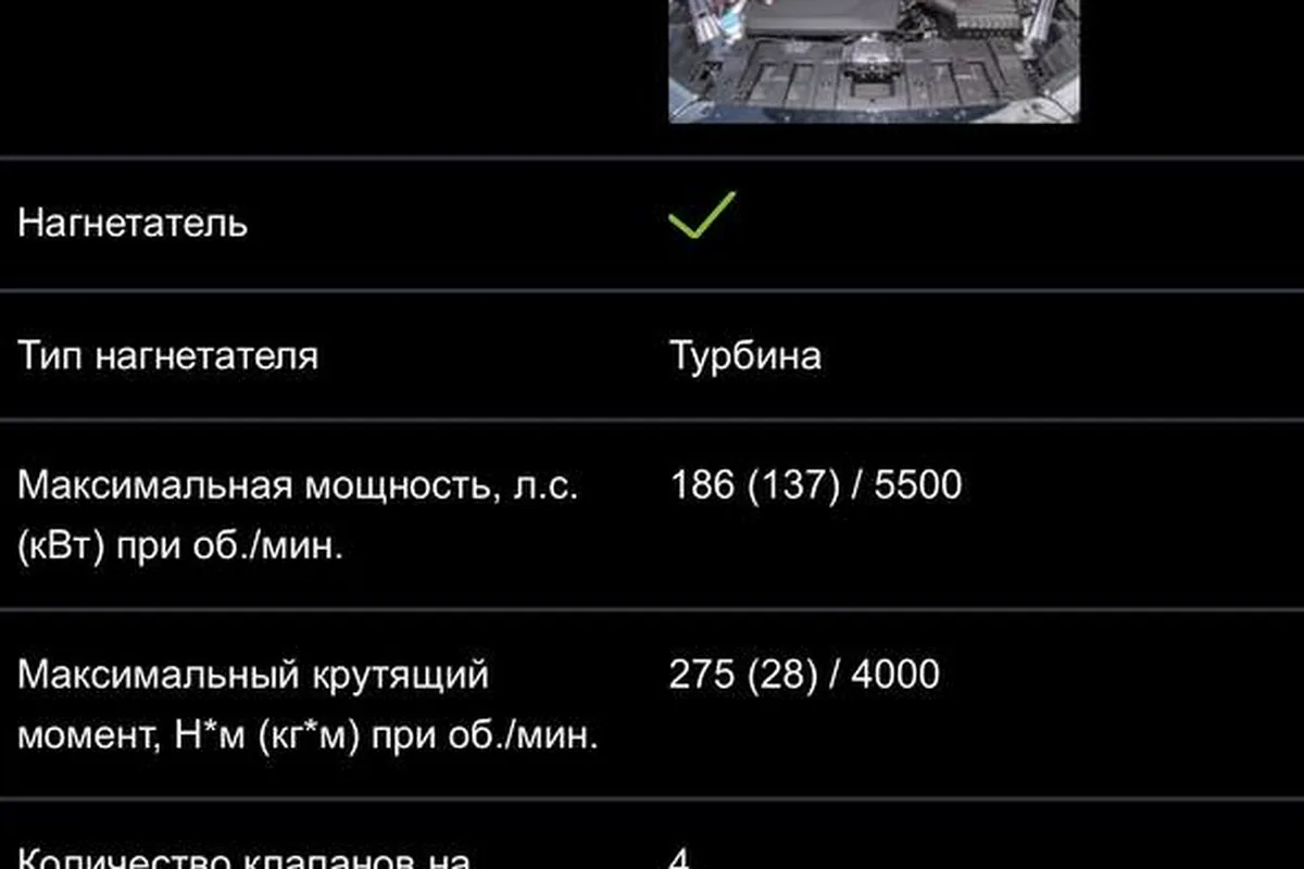 Экран каталога с характеристиками двигателя SQRF4J16